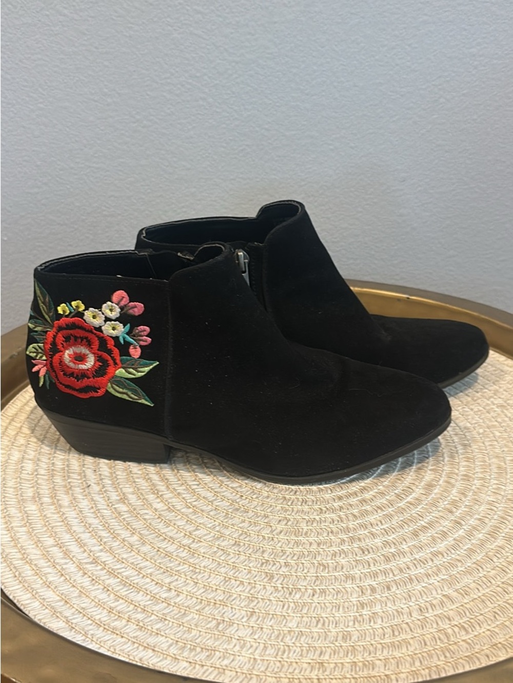 Sam Edelman Black Suede Ankle Boots with Red Floral Embroidery